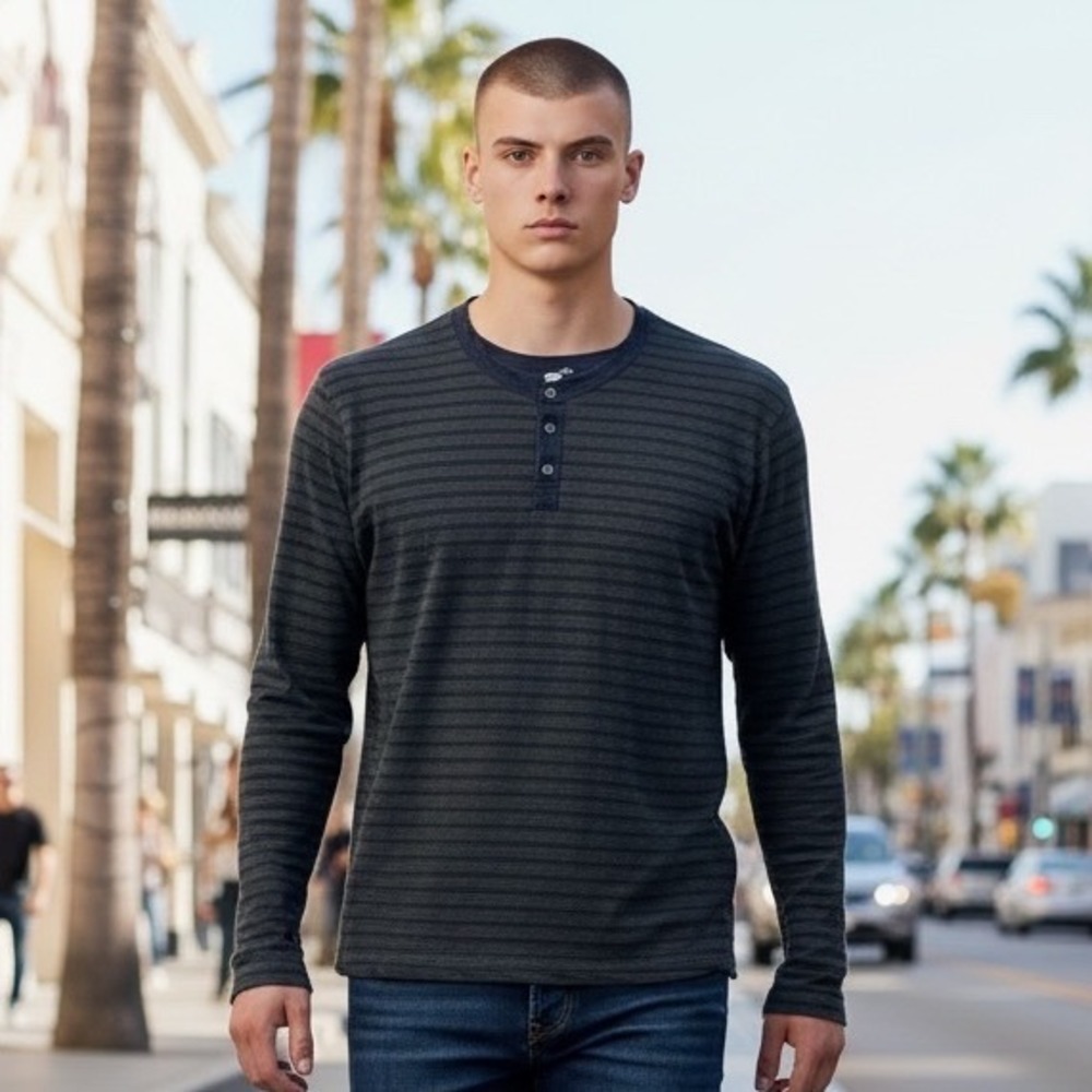 James Perse Mens Striped Long Sleeve Henley Shirt Grey Blue MQO3709 Size 5 2XL